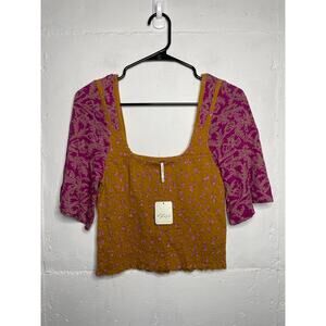 NEW Free People Marigold Smocked Floral Blouse Bronze Purple Small